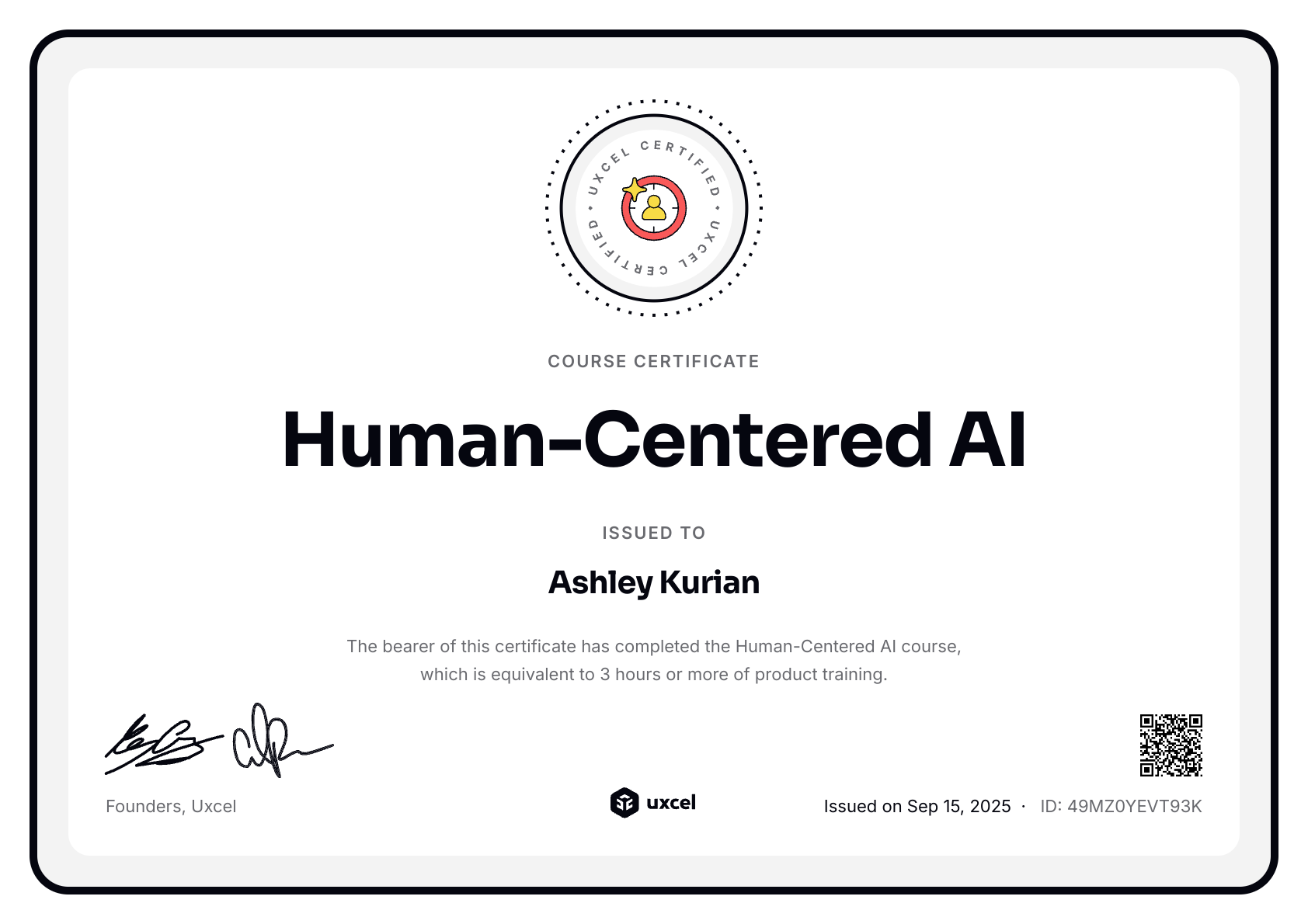 Ashley Kurian's certificate